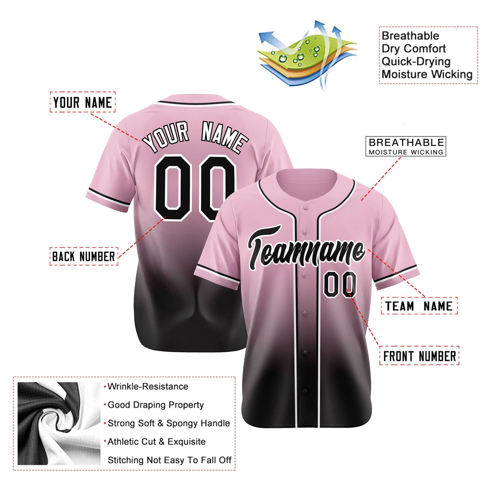 Custom Pink Black-White Authentic Fade Fashion Baseball Jersey