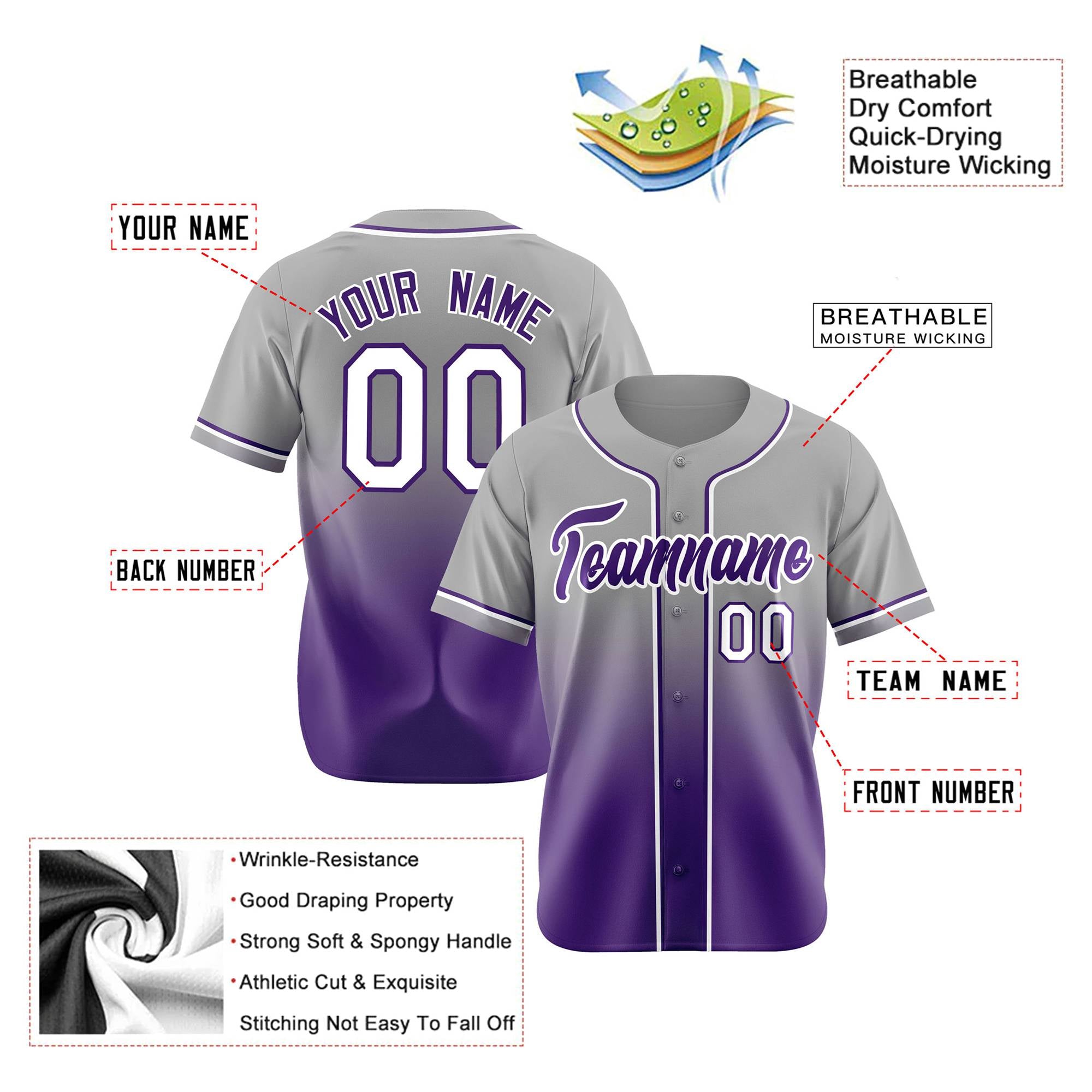 Custom Gray Purple-White Authentic Fade Fashion Baseball Jersey