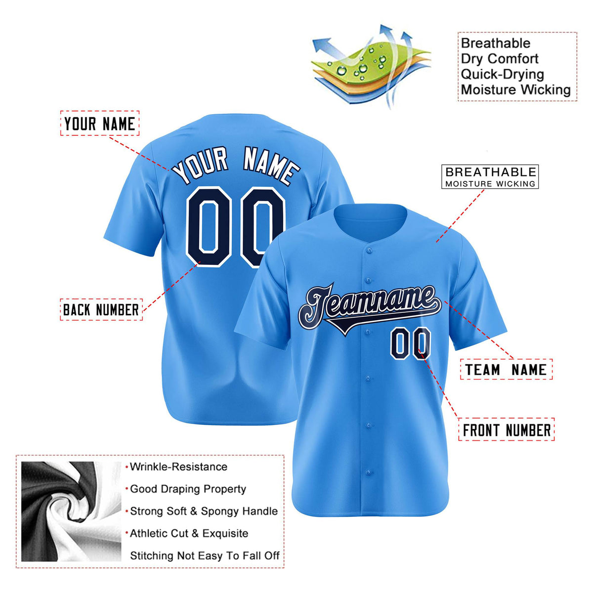 Custom Powder Blue Black White Authentic Baseball Jersey
