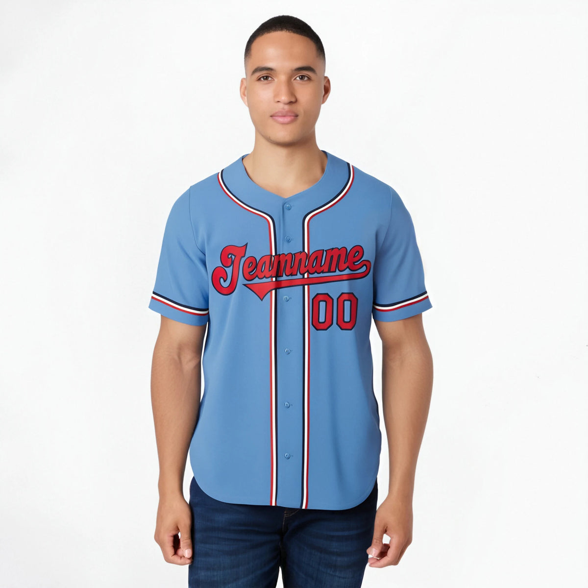 Custom Light Blue Red White Authentic Baseball Jersey