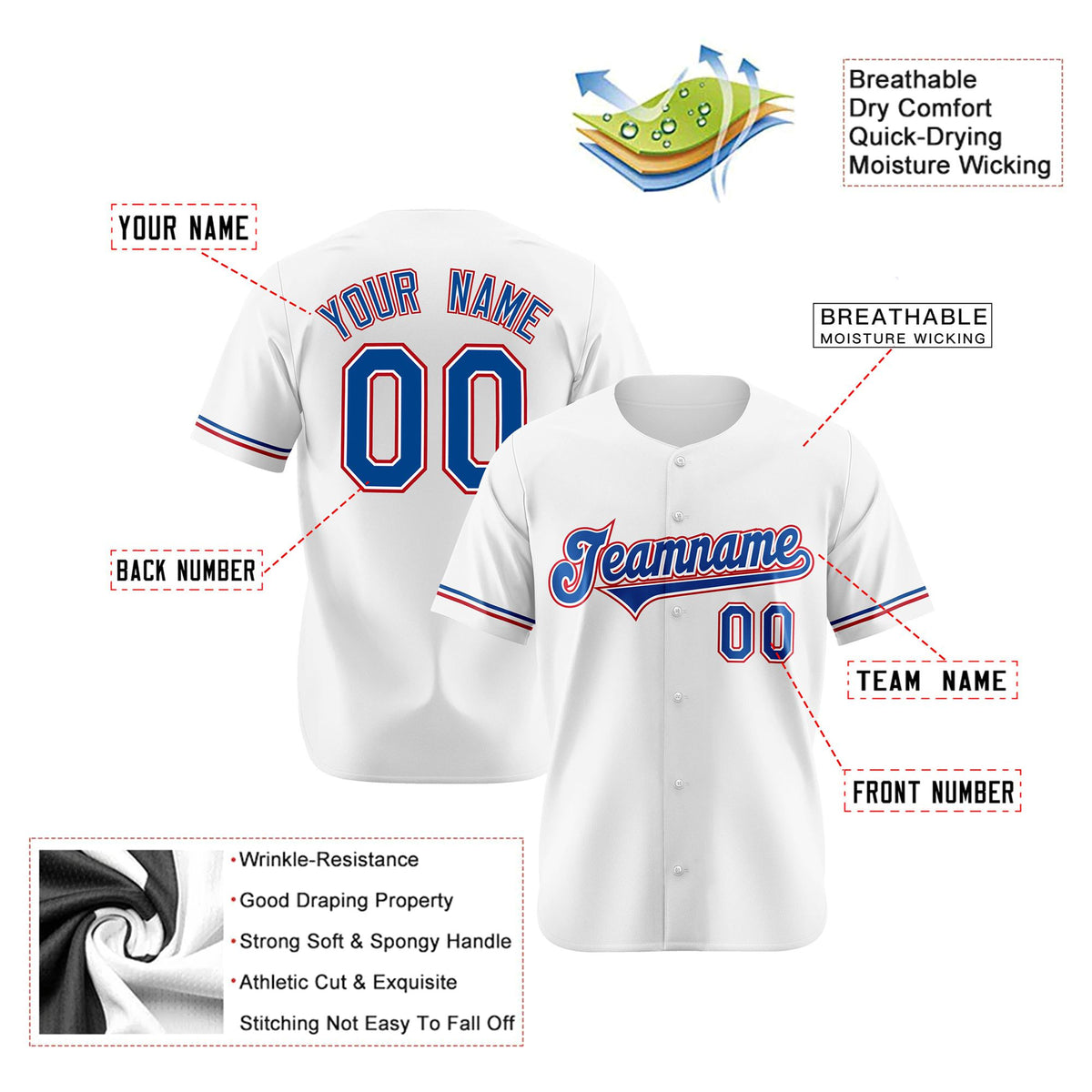 Custom White Blue Red Authentic Baseball Jersey