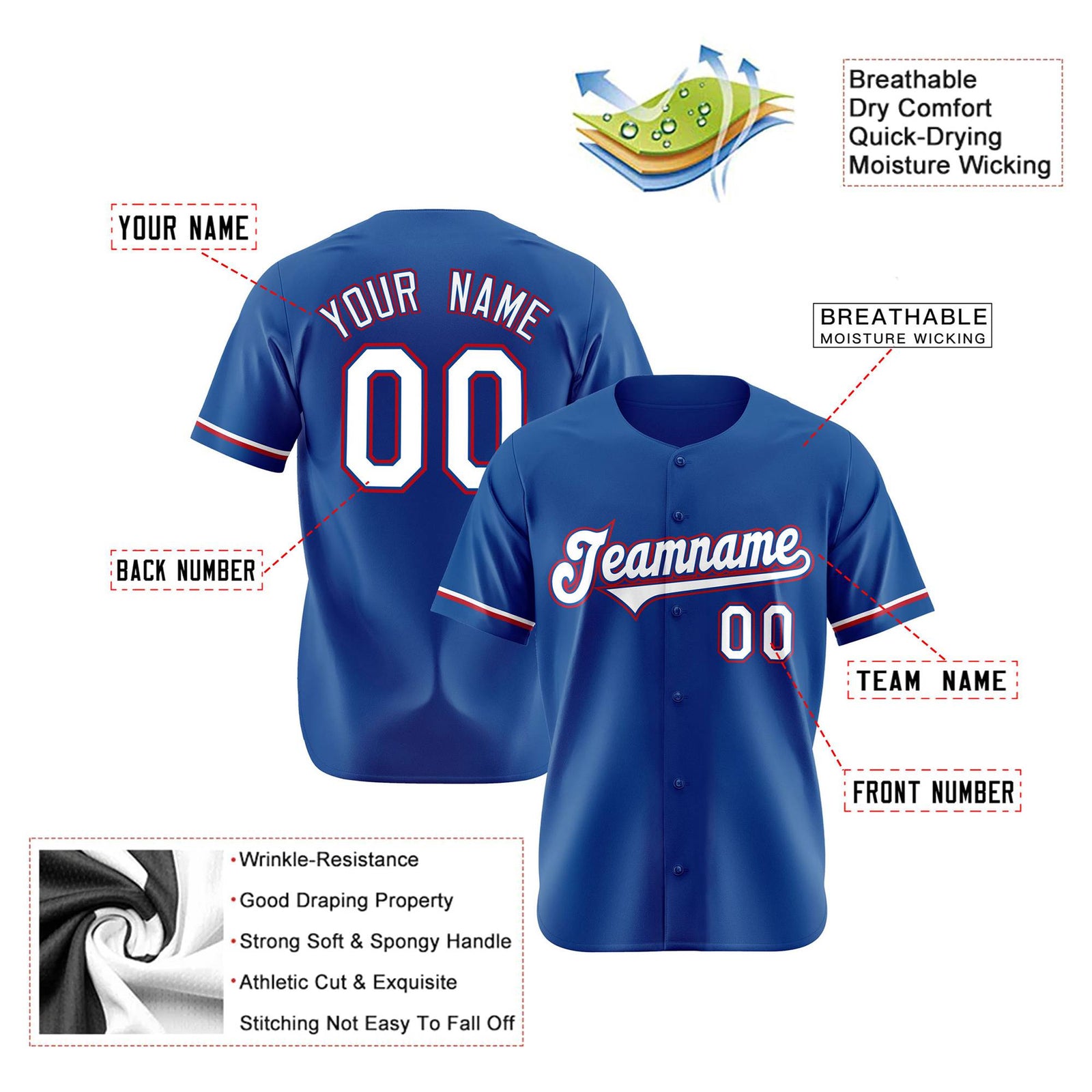 Custom Royal Blue White Red Authentic Baseball Jersey
