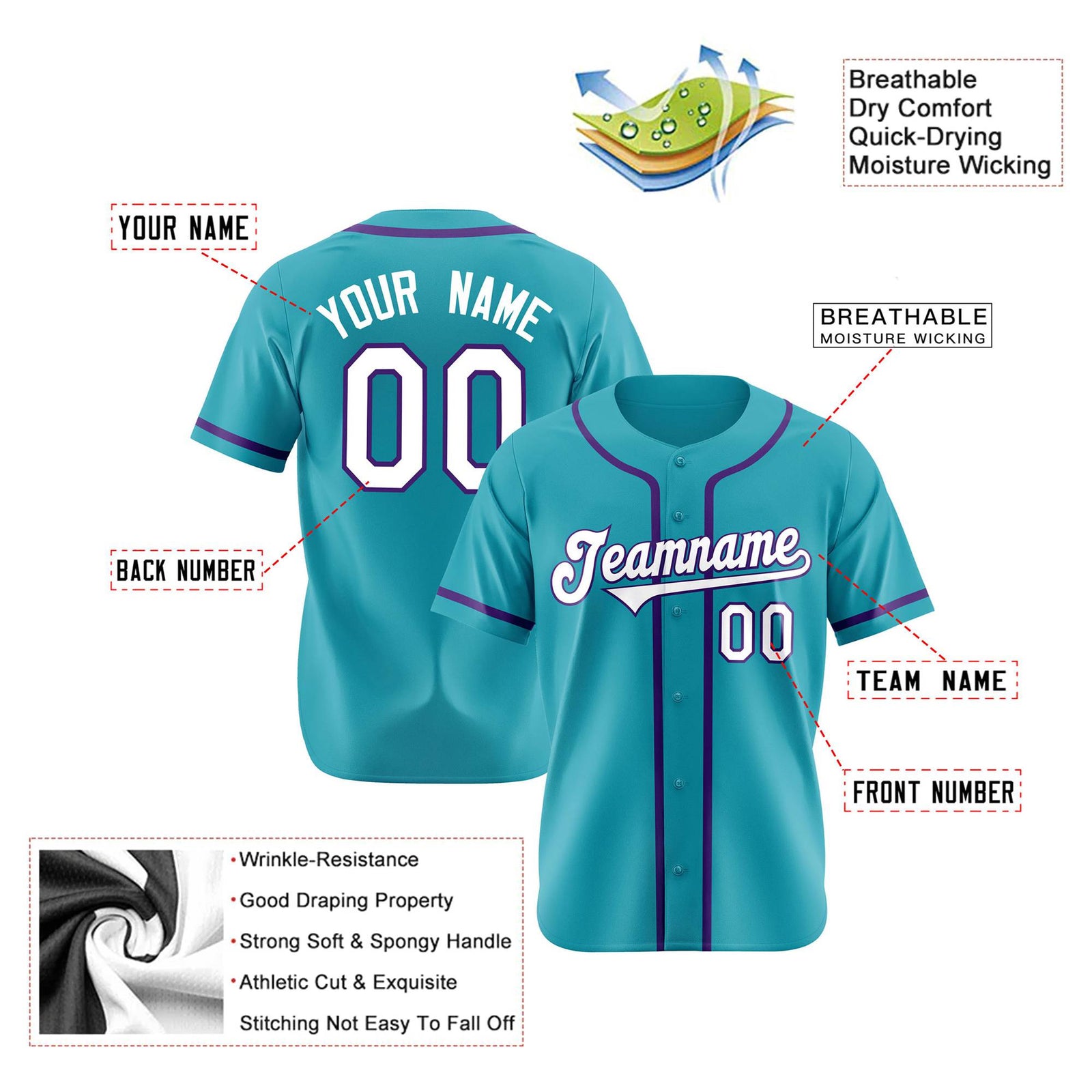 Custom Teal White Purple Authentic Baseball Jersey