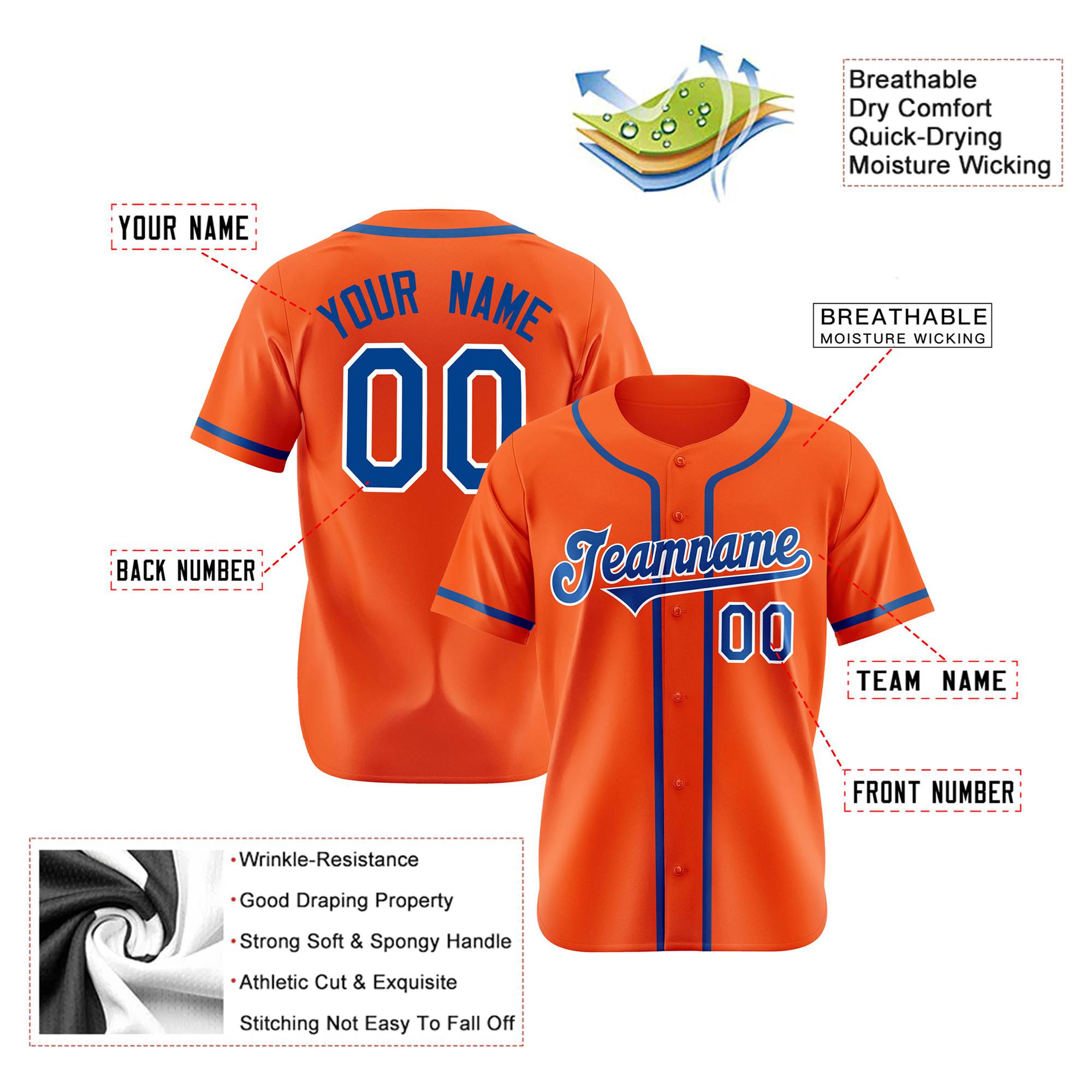 Custom Orange Royal Blue White Authentic Baseball Jersey