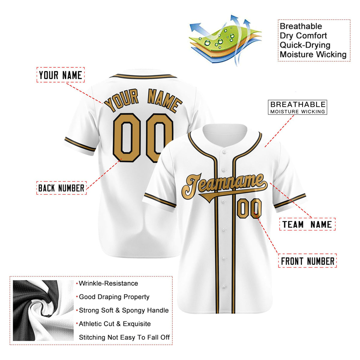 Custom White Old Gold Black Authentic Baseball Jersey