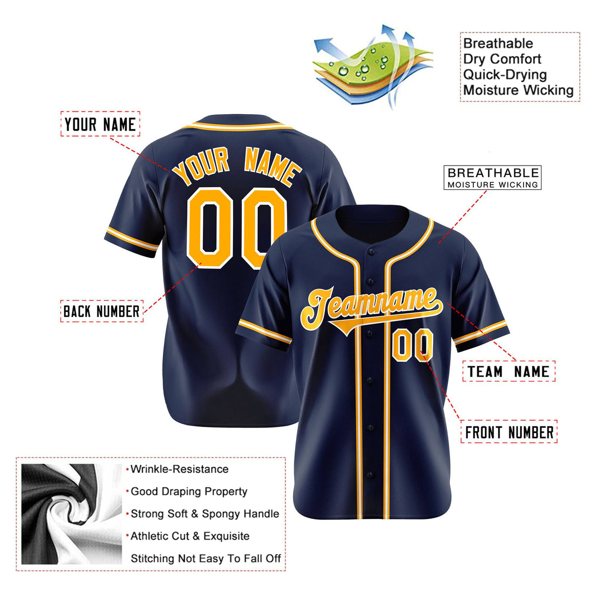 Custom Navy Yellow White Authentic Baseball Jersey