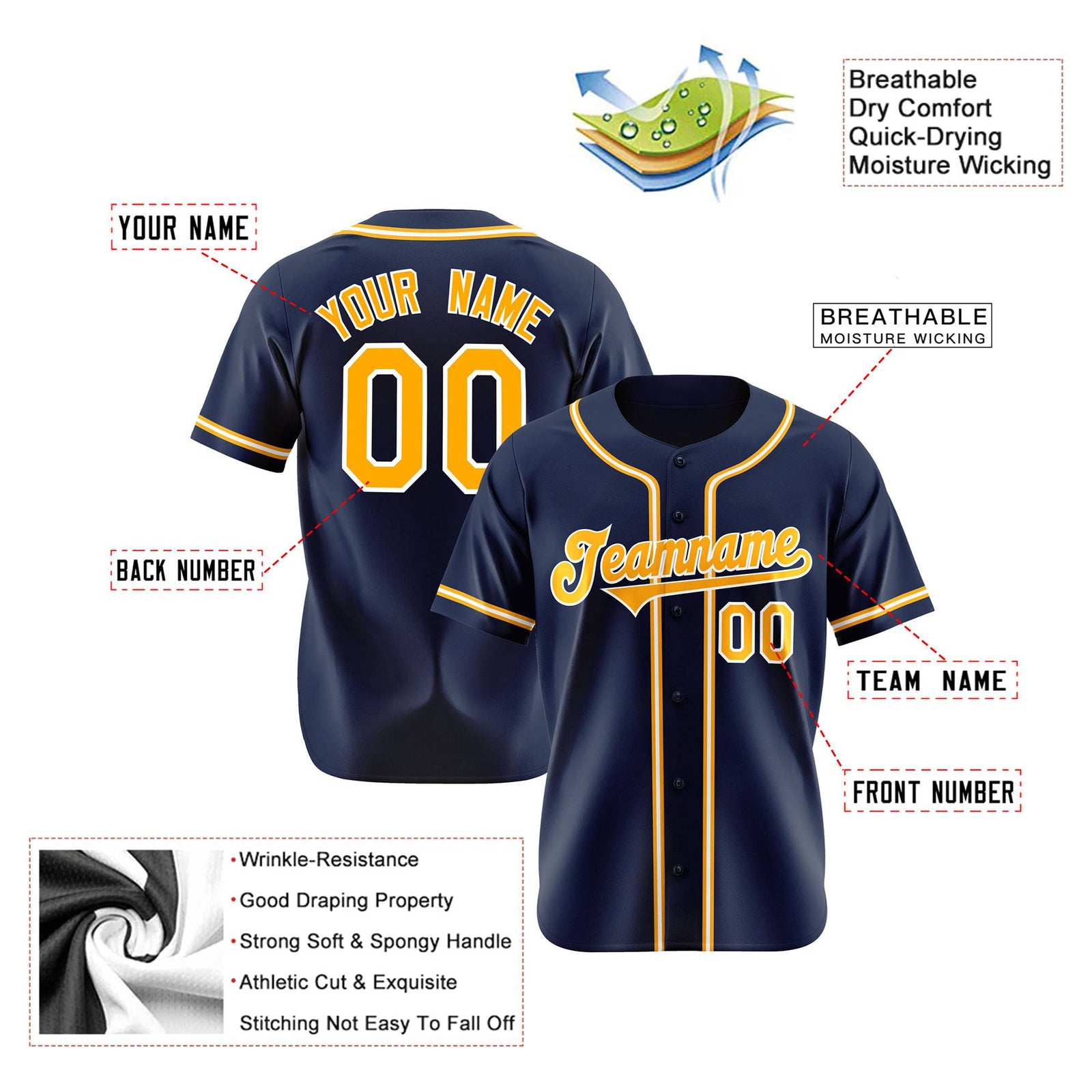 Custom Navy Yellow White Authentic Baseball Jersey