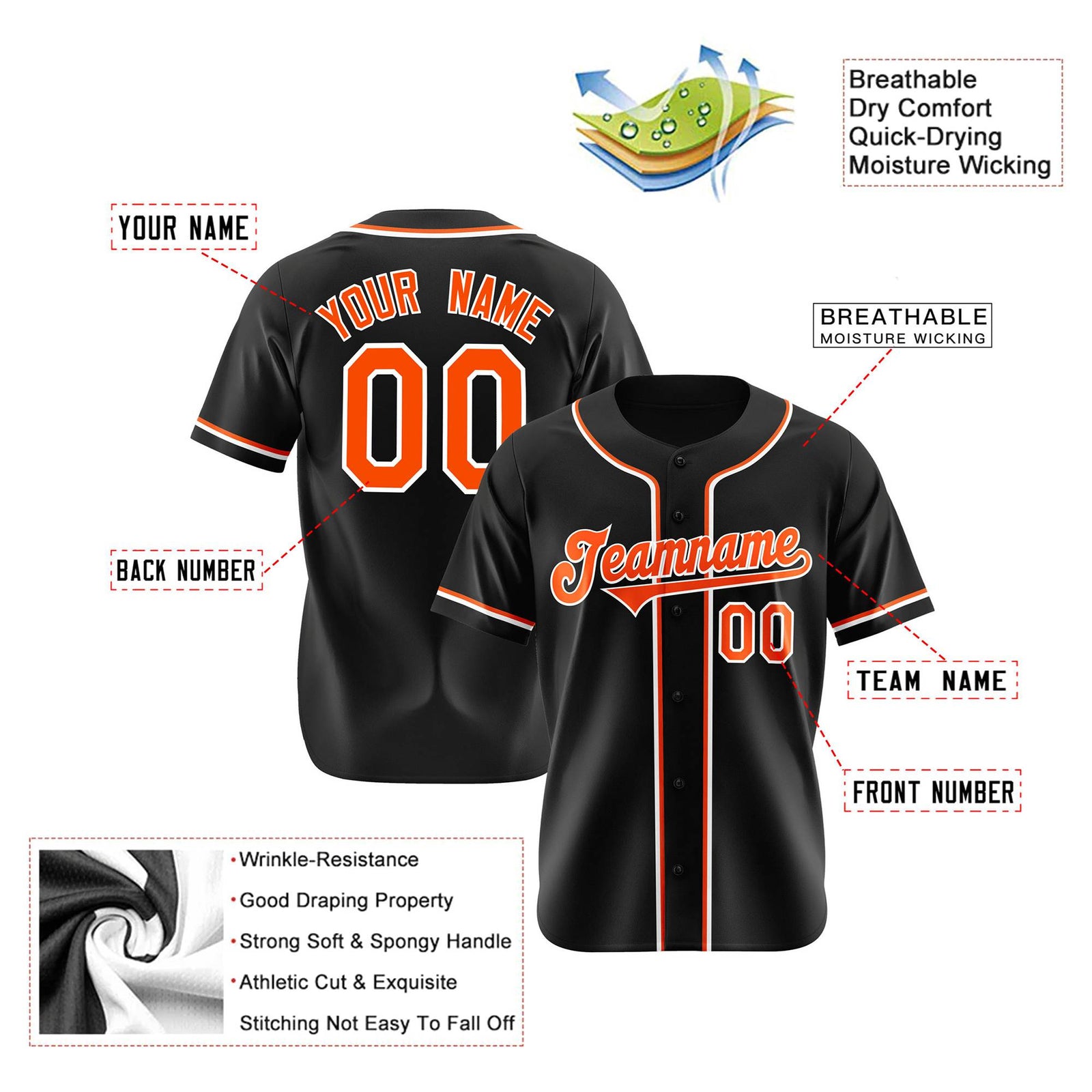 Custom Black Orange White Authentic Baseball Jersey
