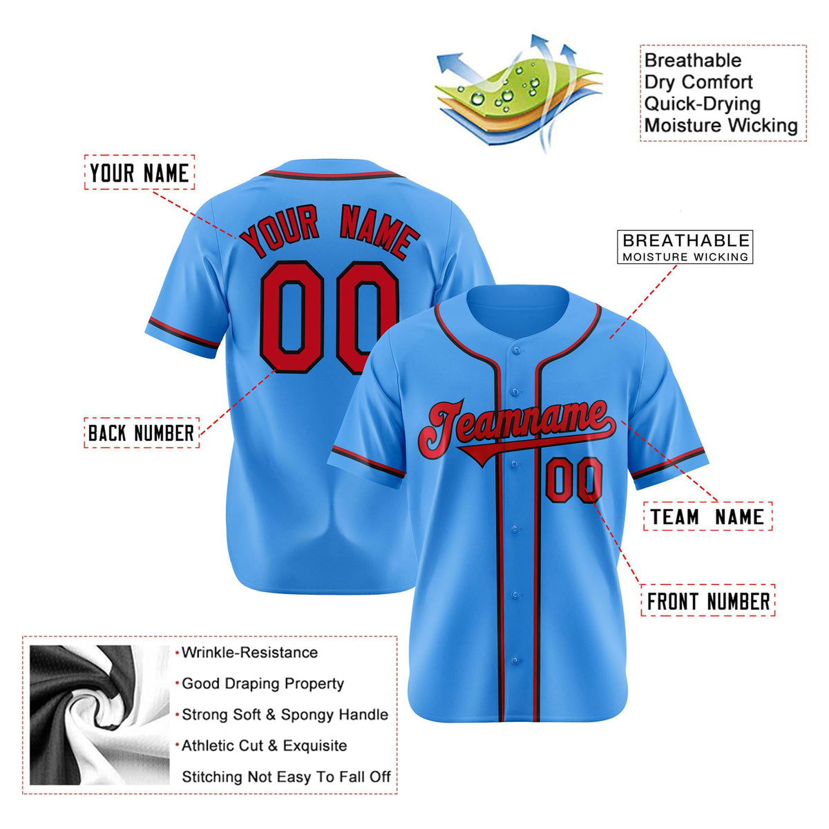 Custom Powder Blue Red Black Authentic Baseball Jersey