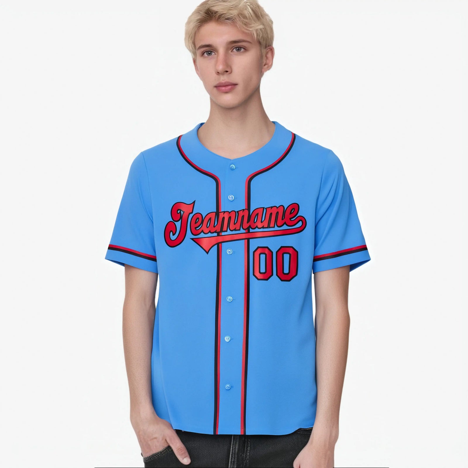 Custom Powder Blue Red Black Authentic Baseball Jersey
