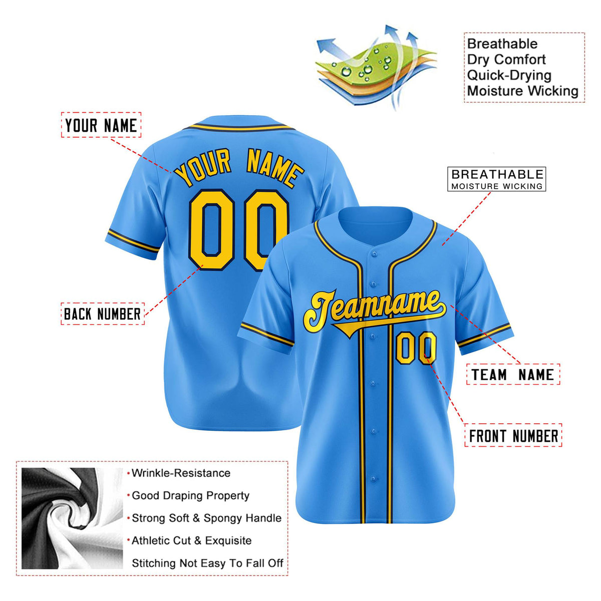 Custom Powder Blue Yellow Navy Authentic Baseball Jersey