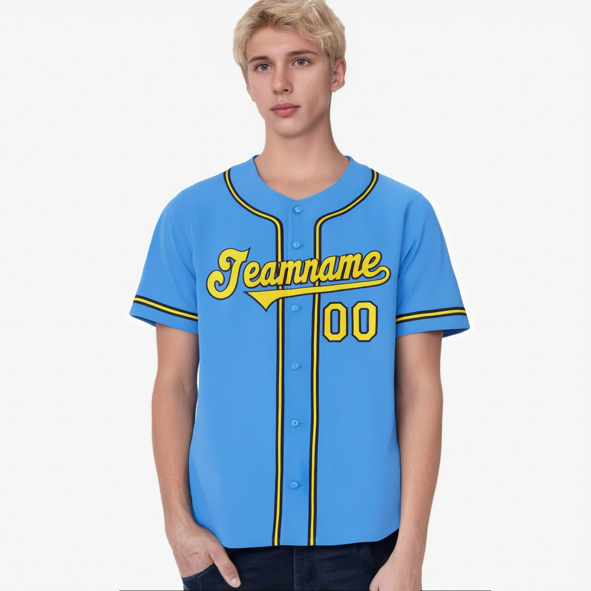 Custom Powder Blue Yellow Navy Authentic Baseball Jersey