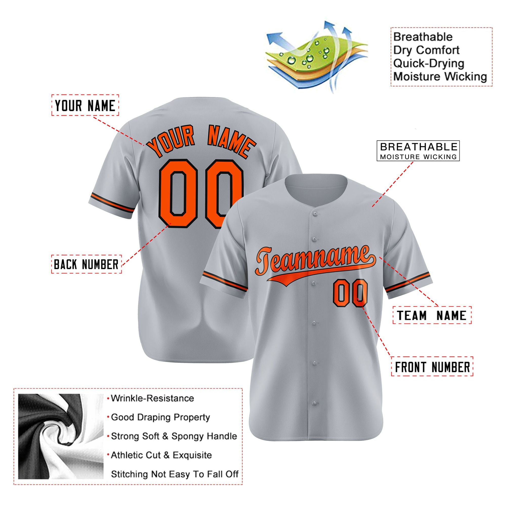 Custom Gray Orange Black Authentic Baseball Jersey