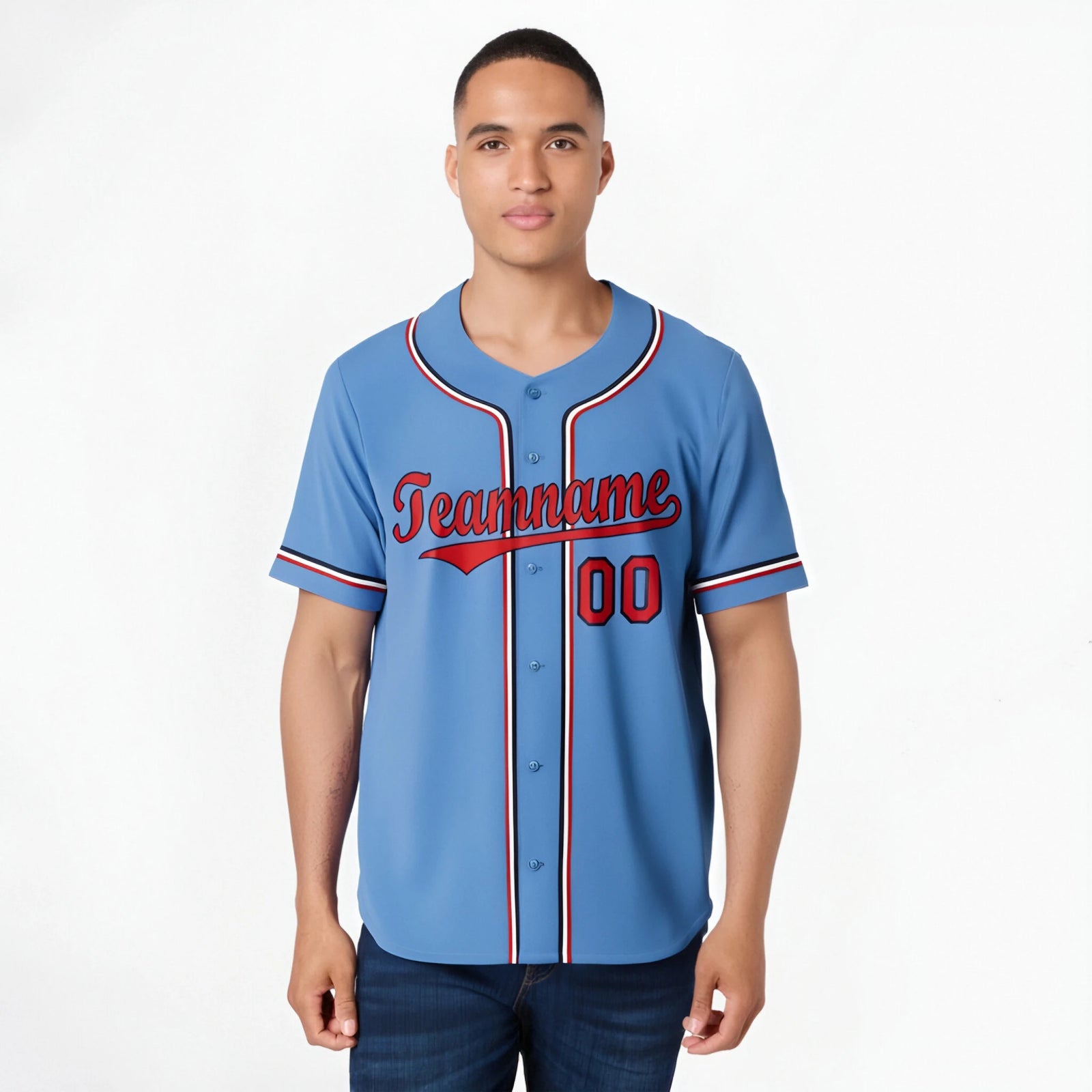 Custom Light Blue Red White Authentic Baseball Jersey