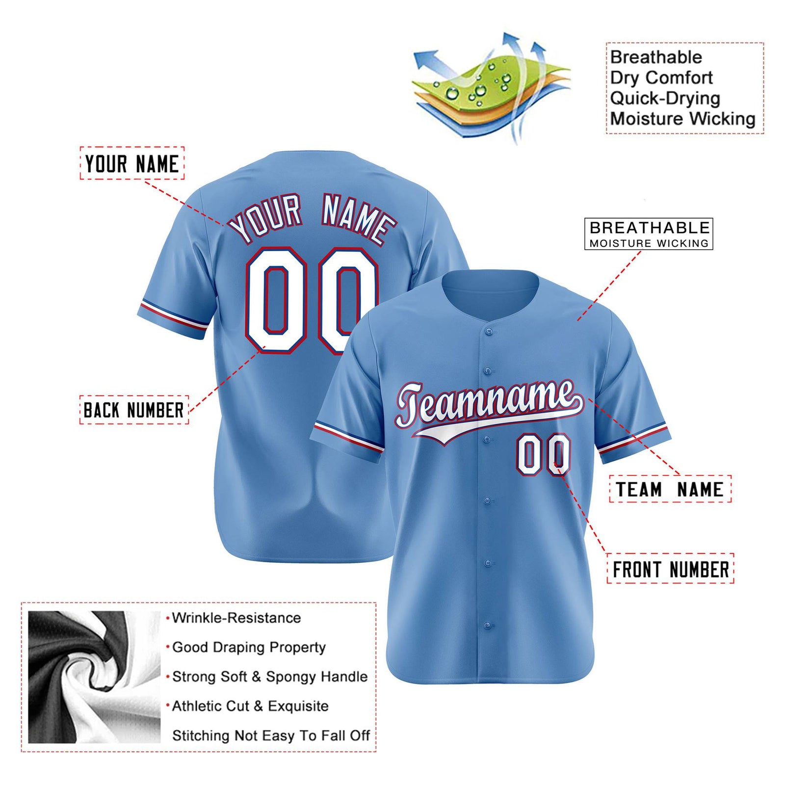 Custom Light Blue White Red Authentic Baseball Jersey