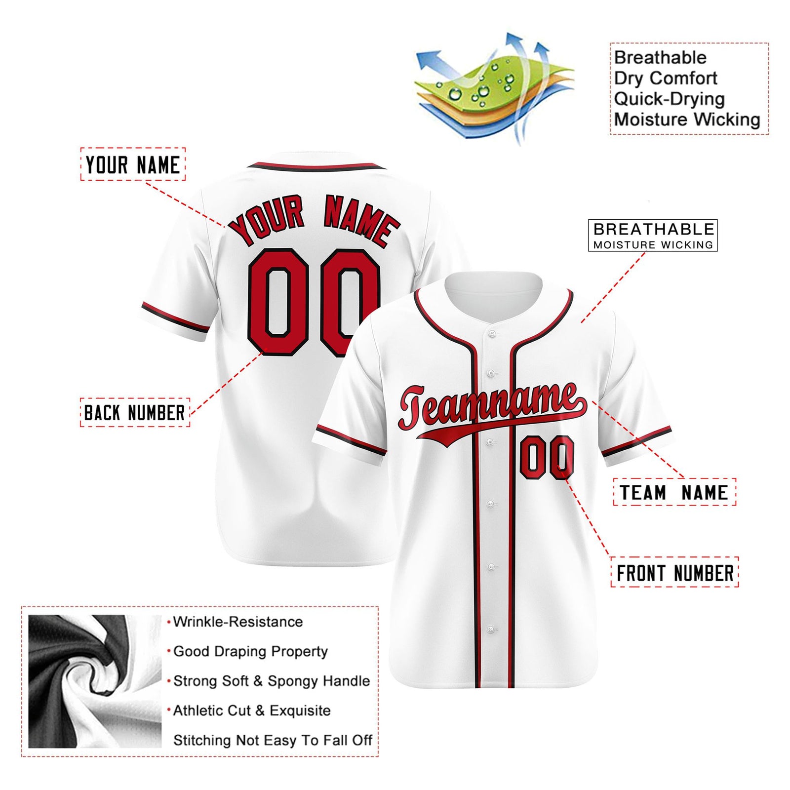 Custom White Red Black Authentic Baseball Jersey