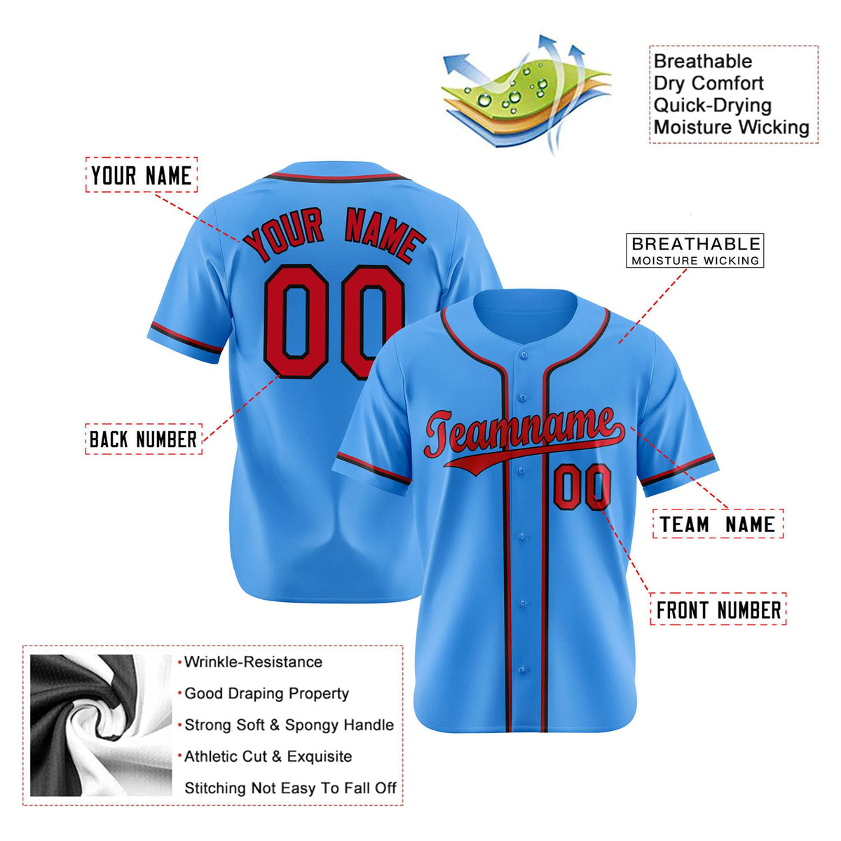 Custom Powder Blue Red Black Authentic Baseball Jersey