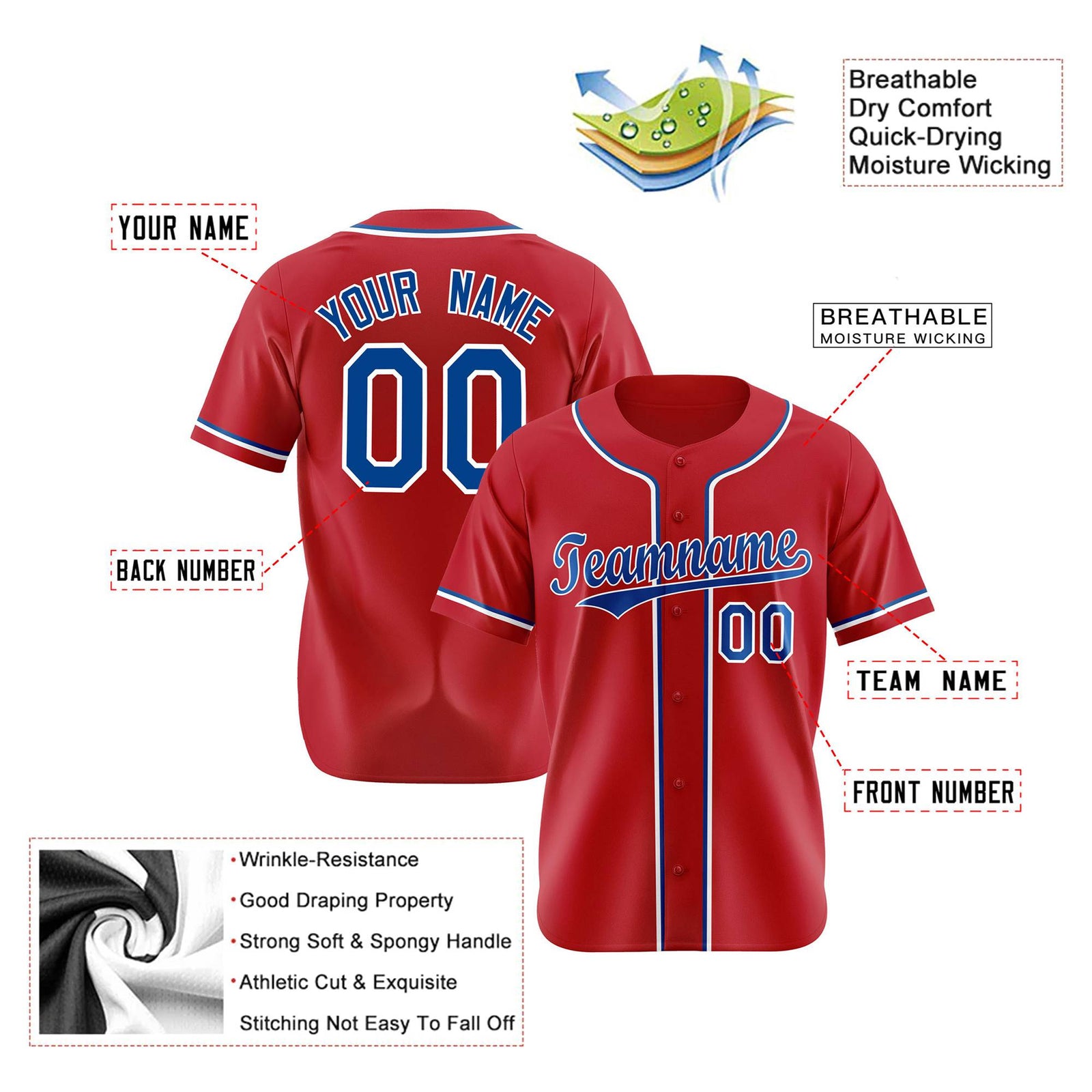 Custom Red Blue White Authentic Baseball Jersey