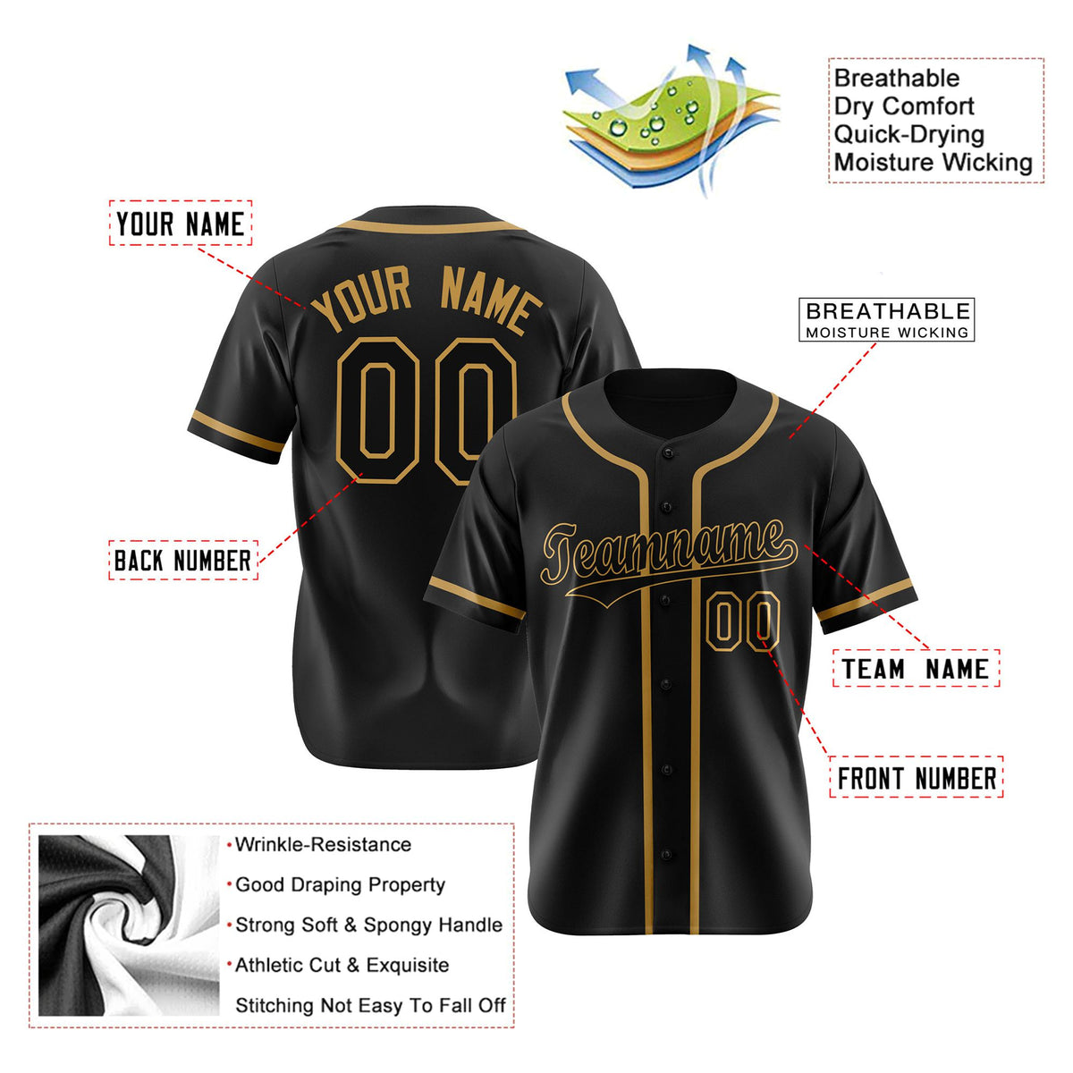 Custom Black Old Gold Authentic Baseball Jersey