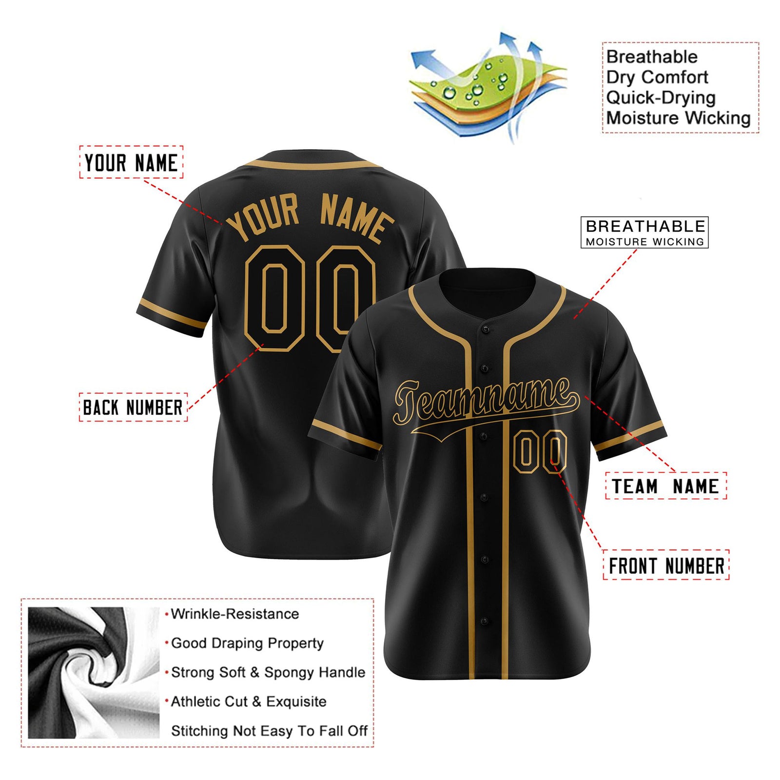 Custom Black Old Gold Authentic Baseball Jersey