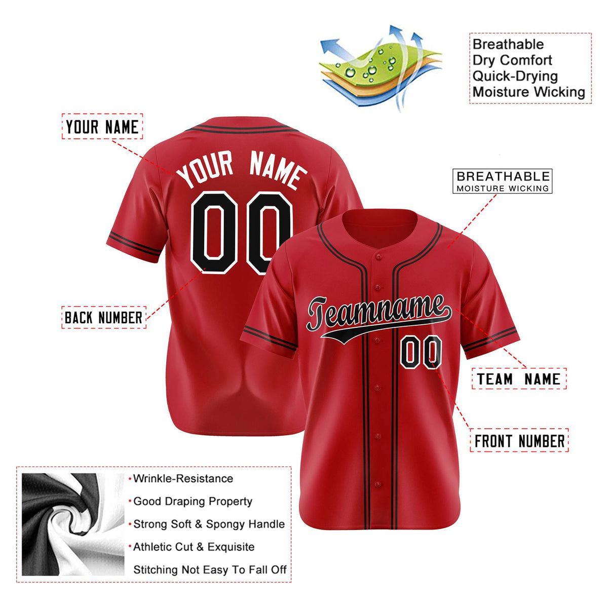 Custom Red Black White Authentic Baseball Jersey