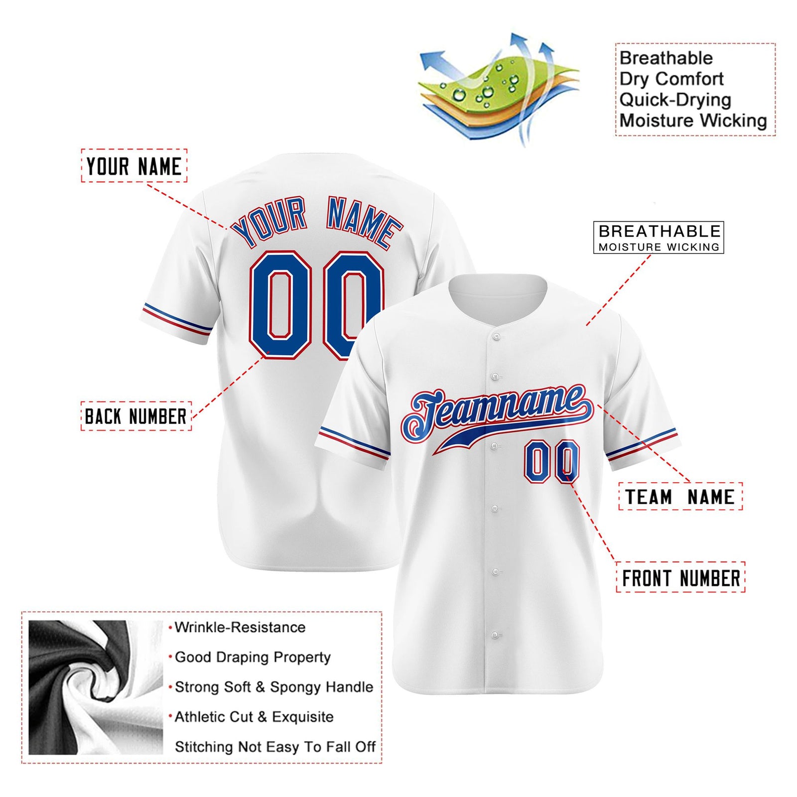 Custom White Blue Red Authentic Baseball Jersey