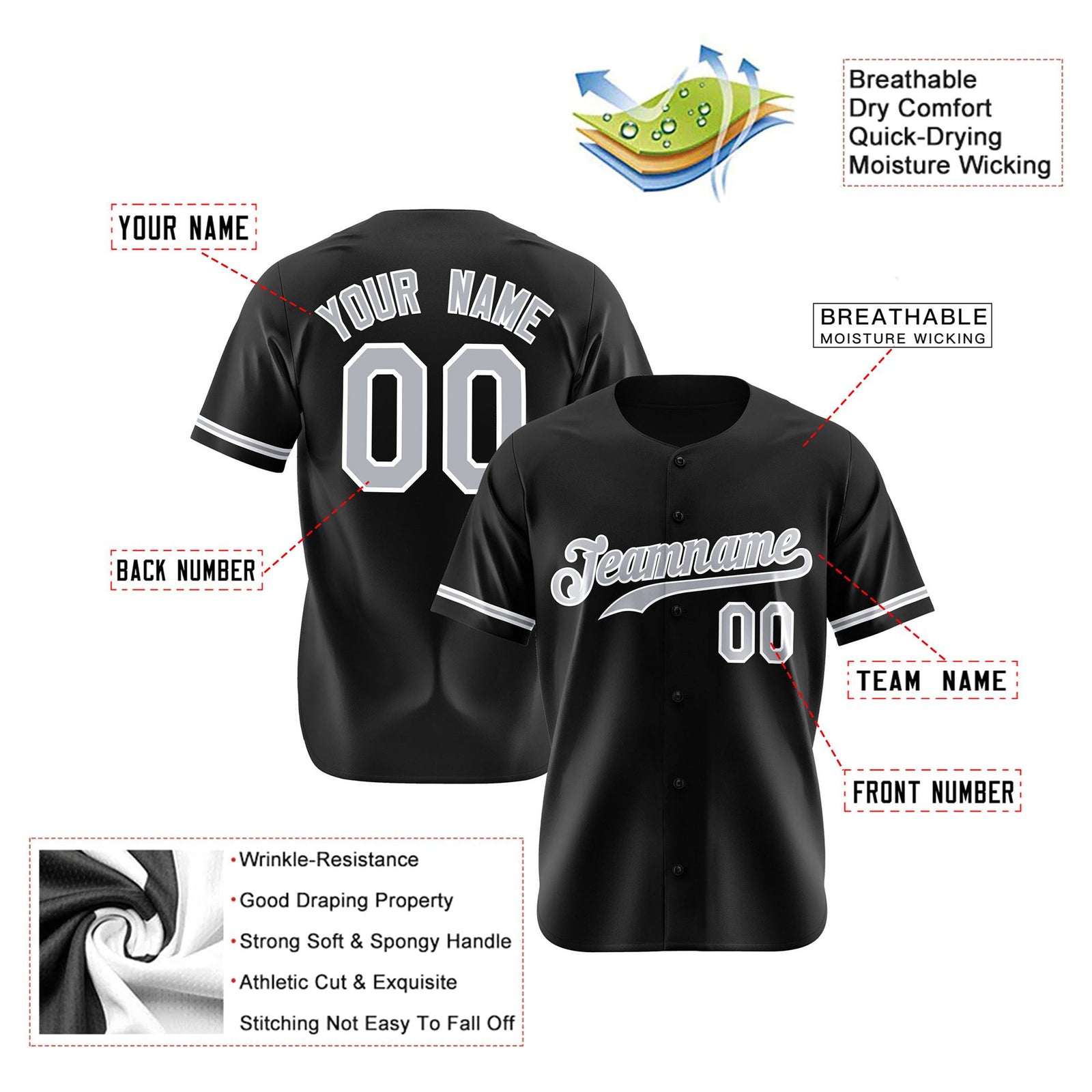 Custom Black Gray White Authentic Baseball Jersey
