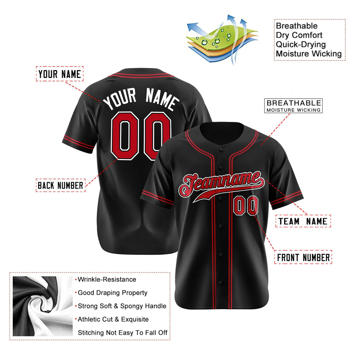 Custom Black Red White Authentic Baseball Jersey