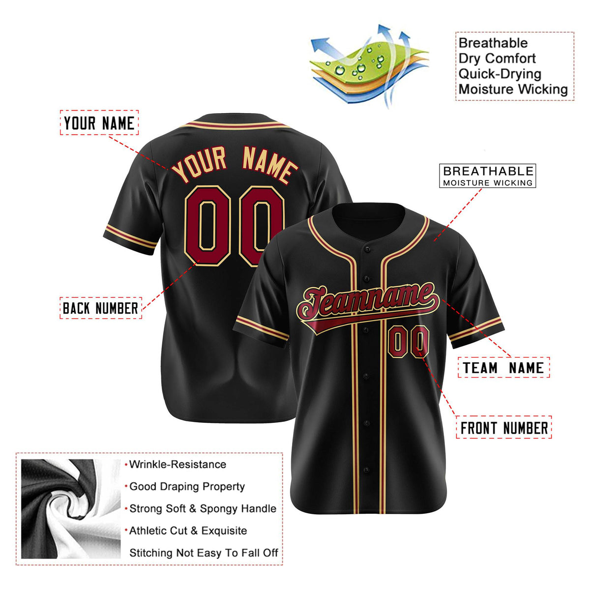 Custom Black Crimson Khaki Authentic Baseball Jersey
