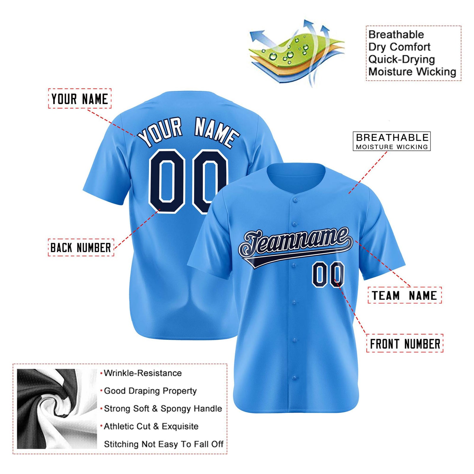 Custom Powder Blue Black White Authentic Baseball Jersey