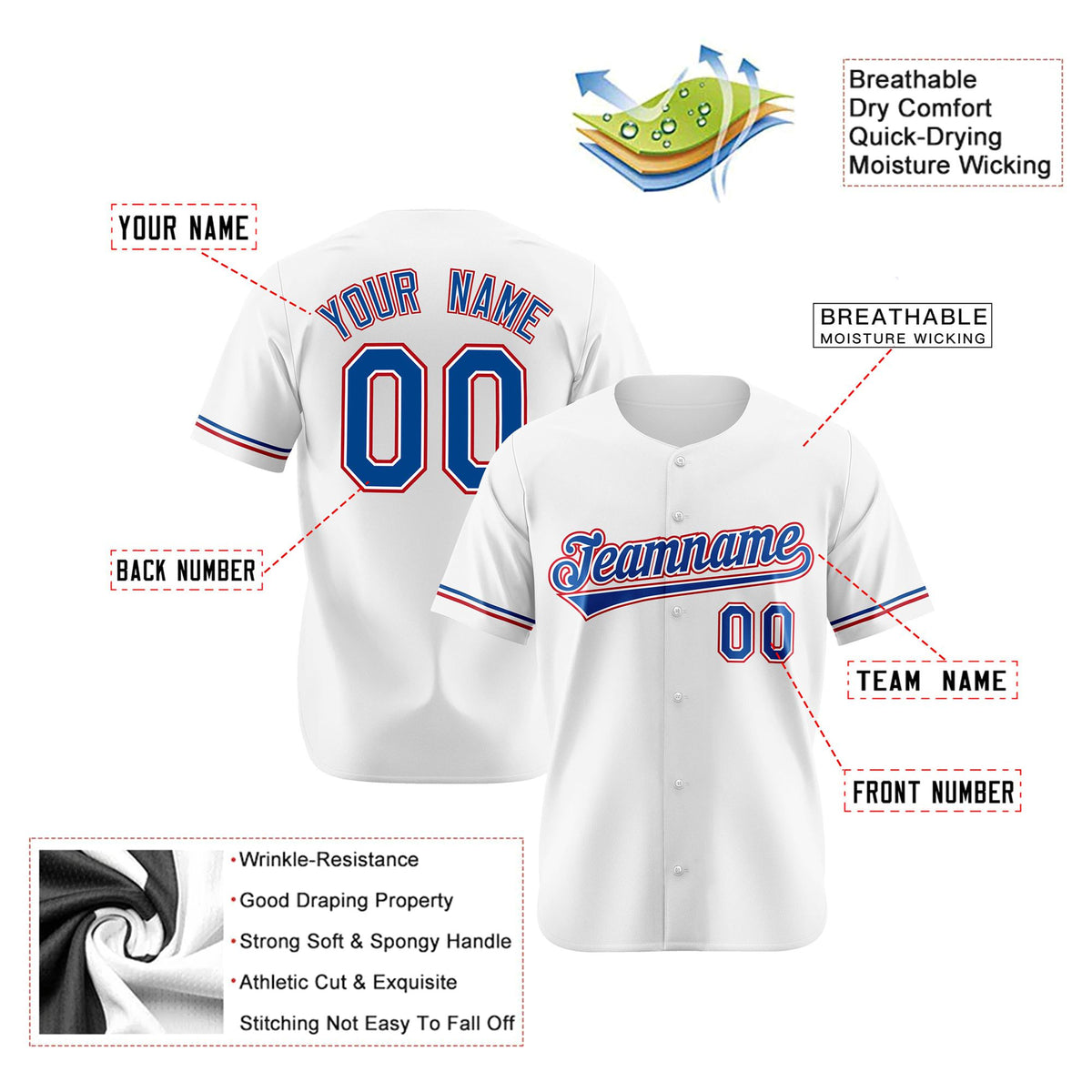 Custom White Blue Red Authentic Baseball Jersey