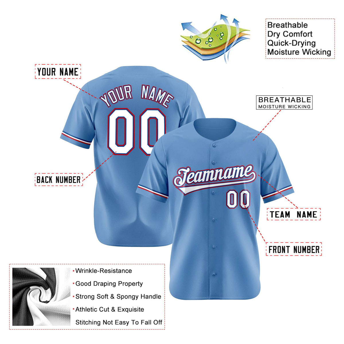 Custom Light Blue White Red Authentic Baseball Jersey