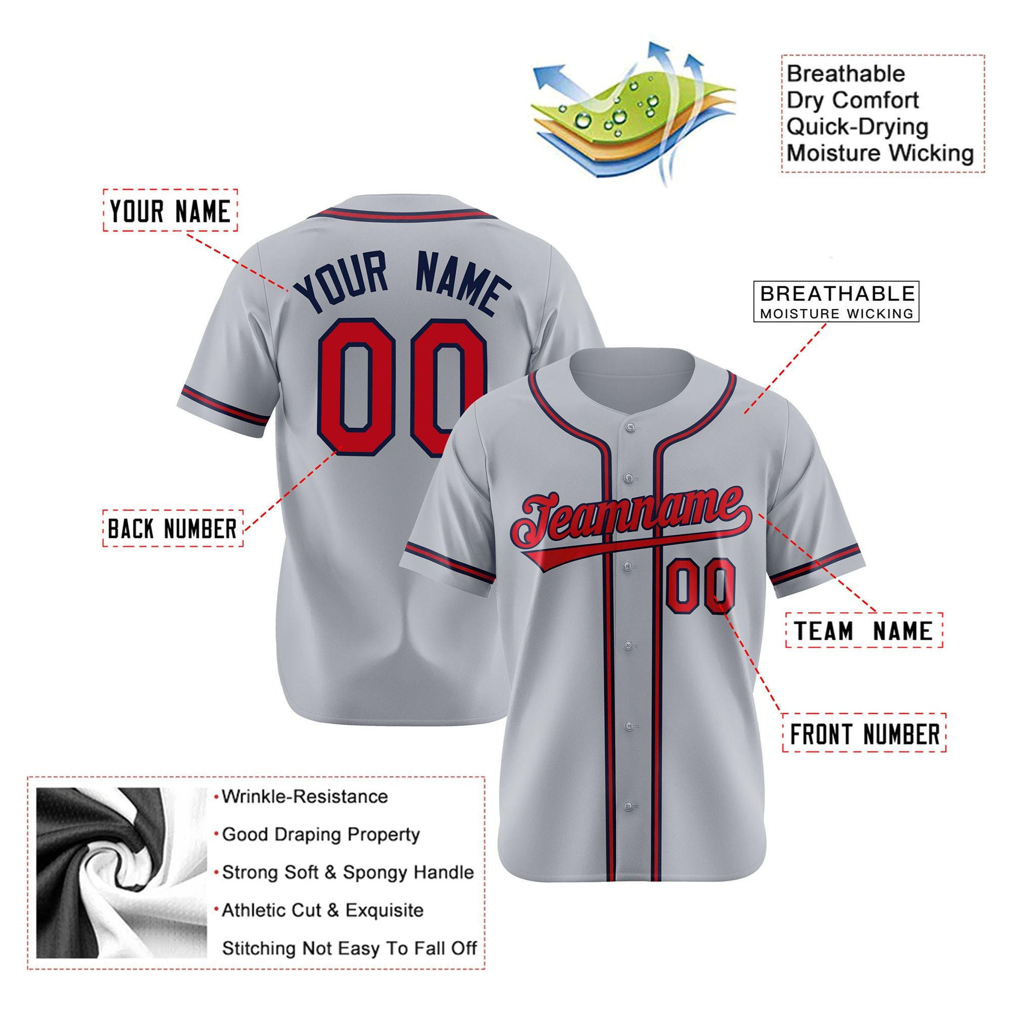 Custom Gray Red Navy Authentic Baseball Jersey