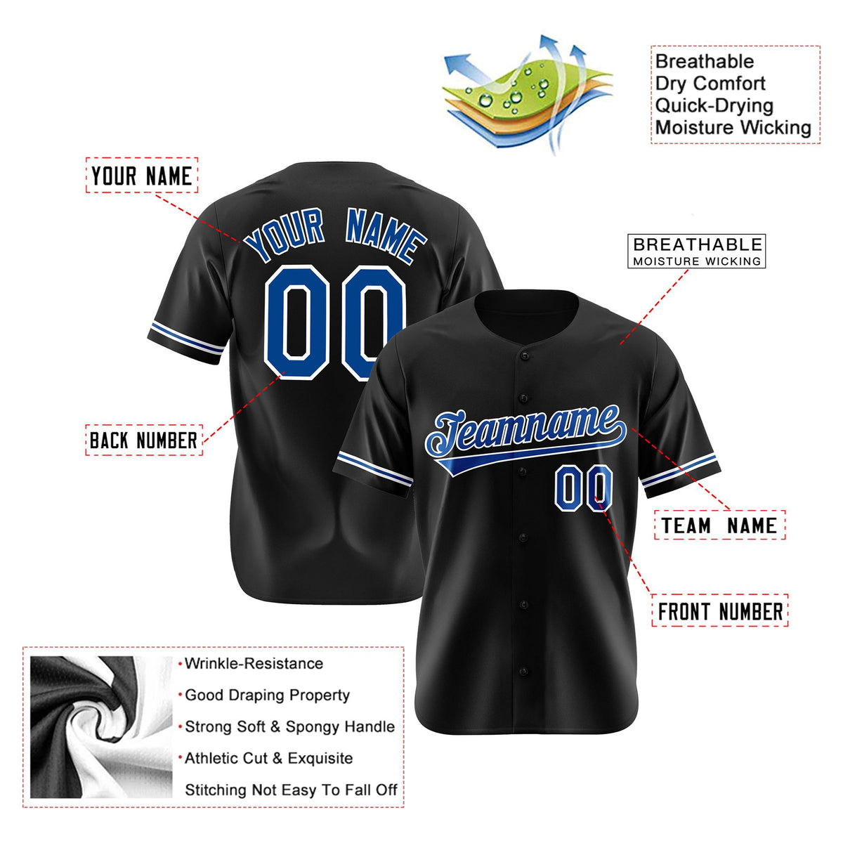 Custom Black Blue White Authentic Baseball Jersey