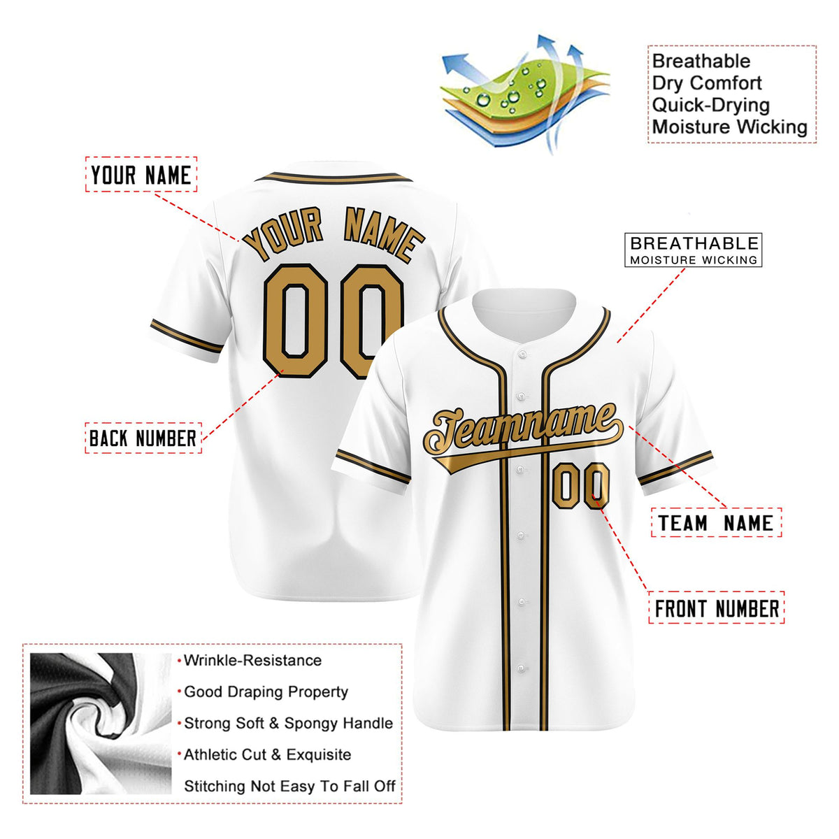 Custom White Old Gold Black Authentic Baseball Jersey