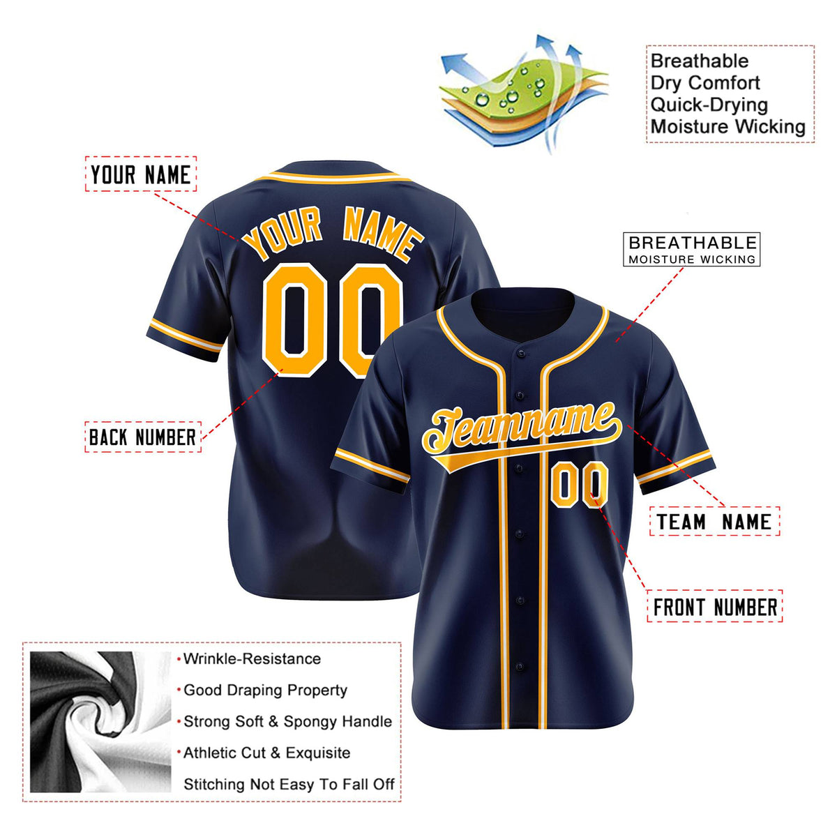 Custom Navy Yellow White Authentic Baseball Jersey