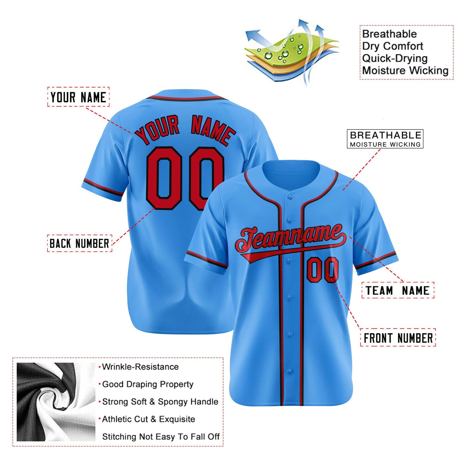 Custom Powder Blue Red Black Authentic Baseball Jersey