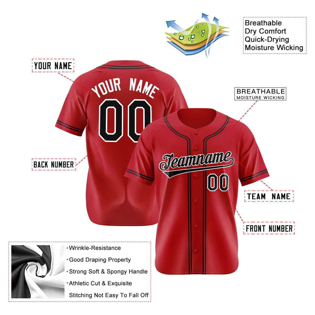 Custom Red Black White Authentic Baseball Jersey