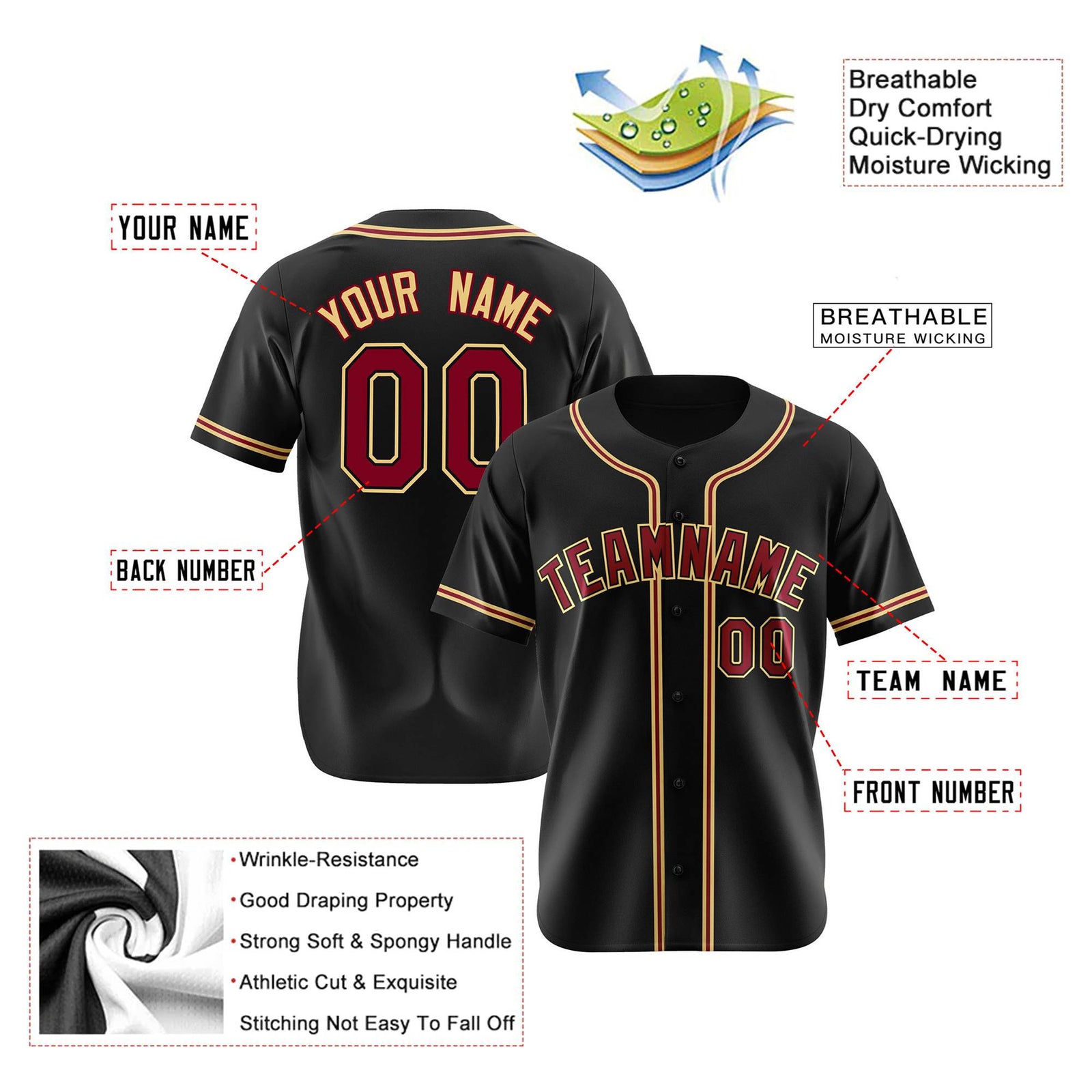 Custom Black Crimson Khaki Authentic Baseball Jersey