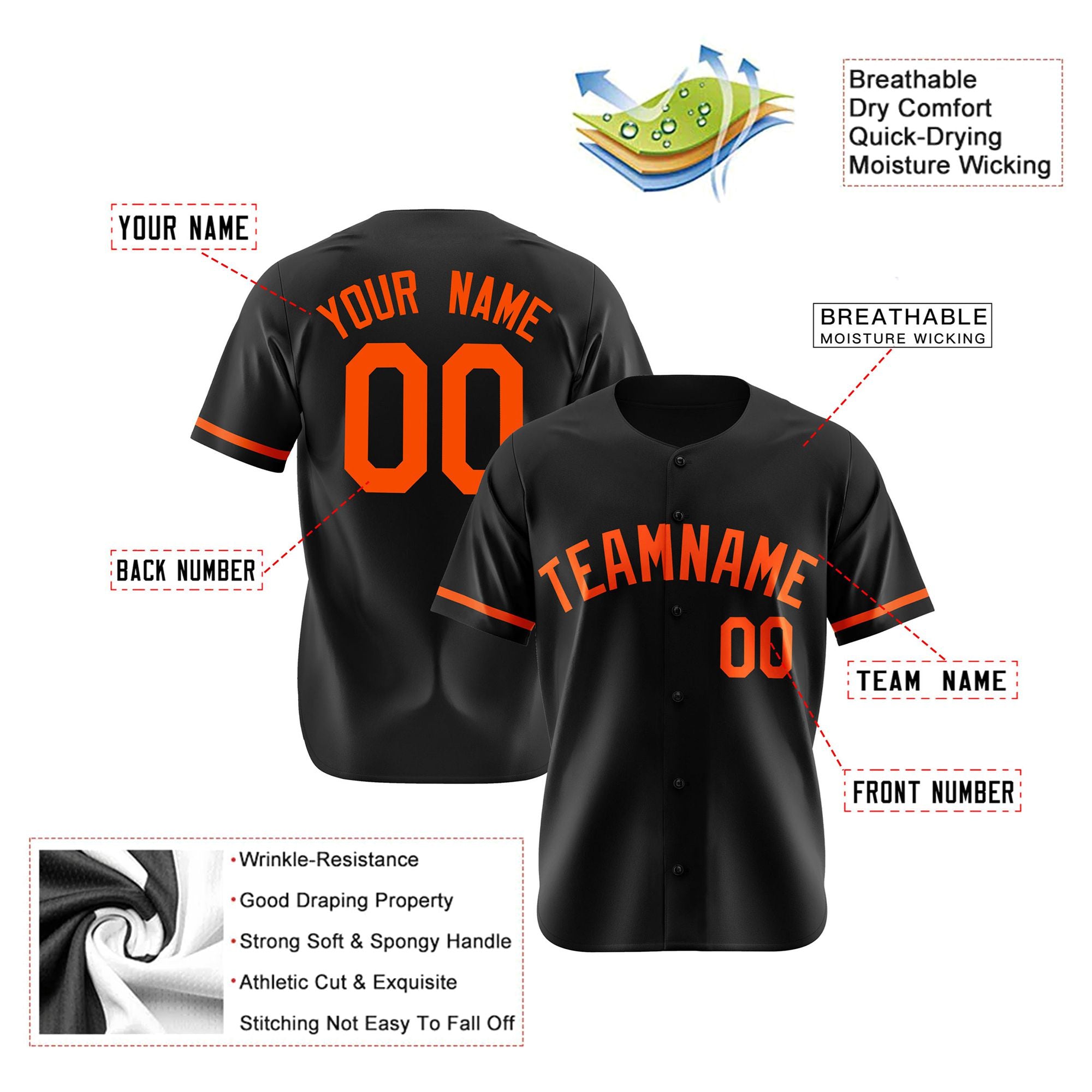 Custom Black Orange Authentic Baseball Jersey