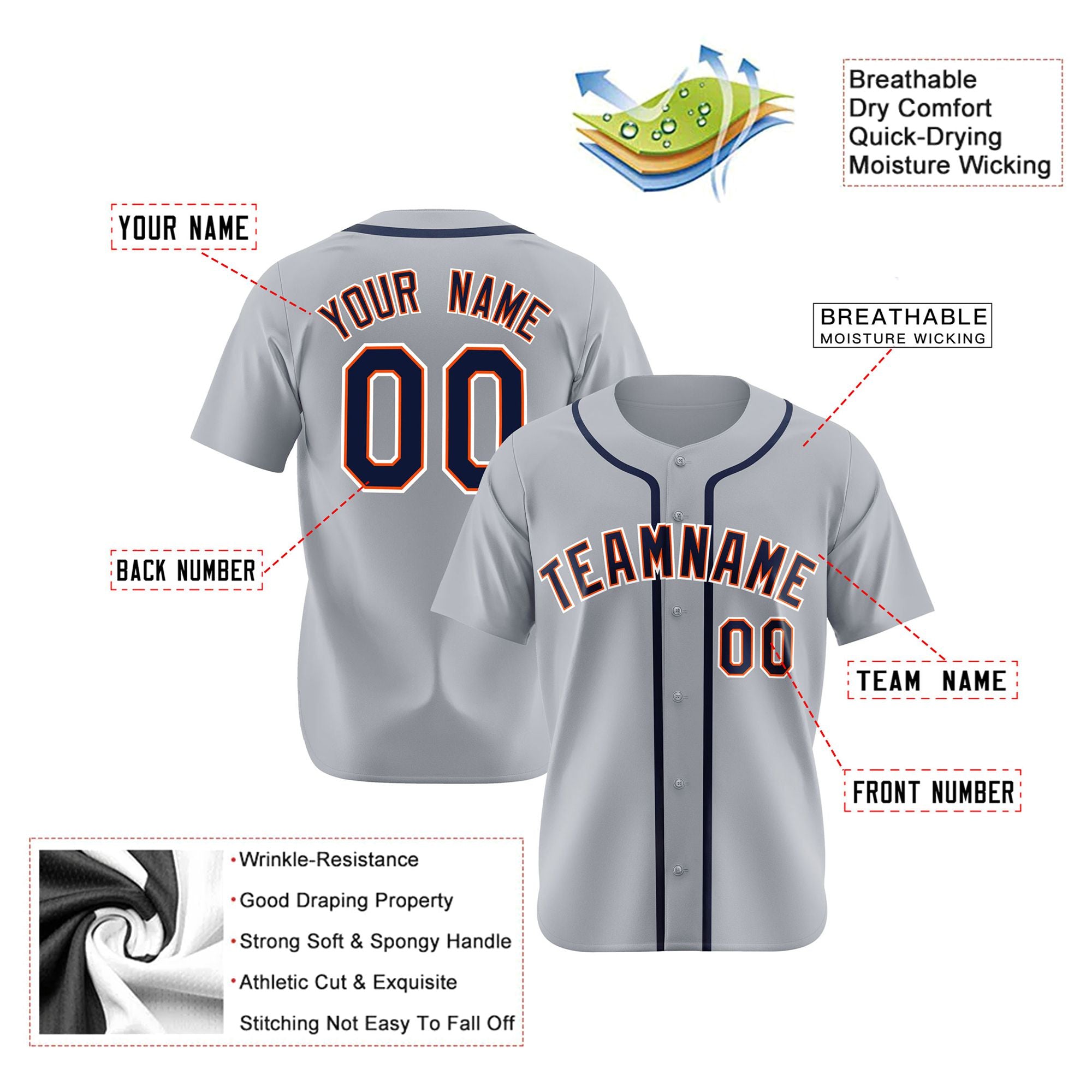 Custom Gray Navy Orange Authentic Baseball Jersey