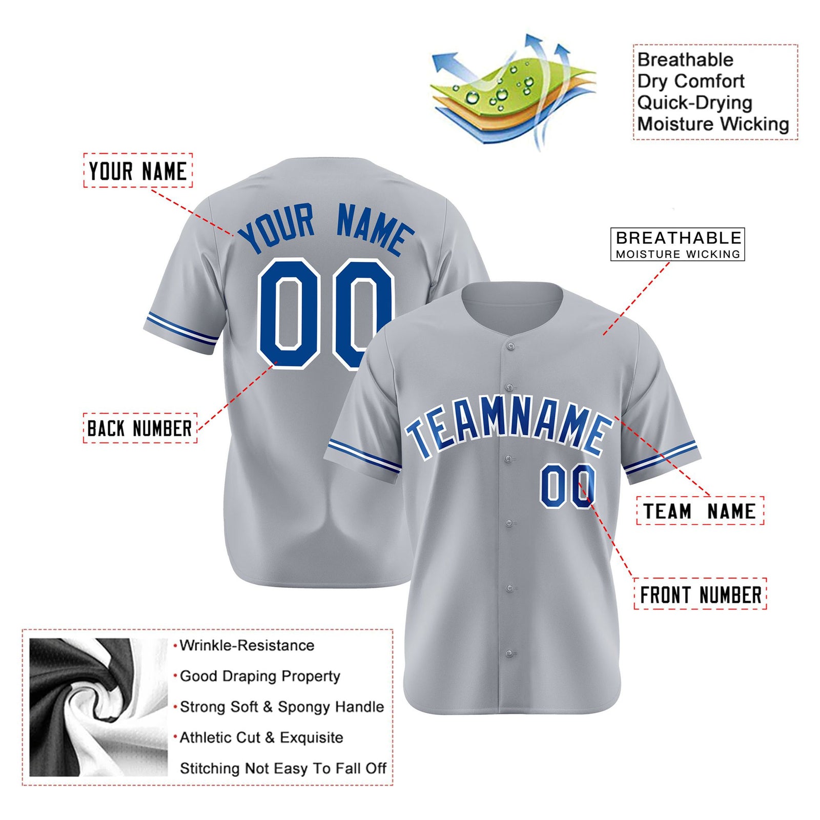 Custom Gray Blue White Authentic Baseball Jersey