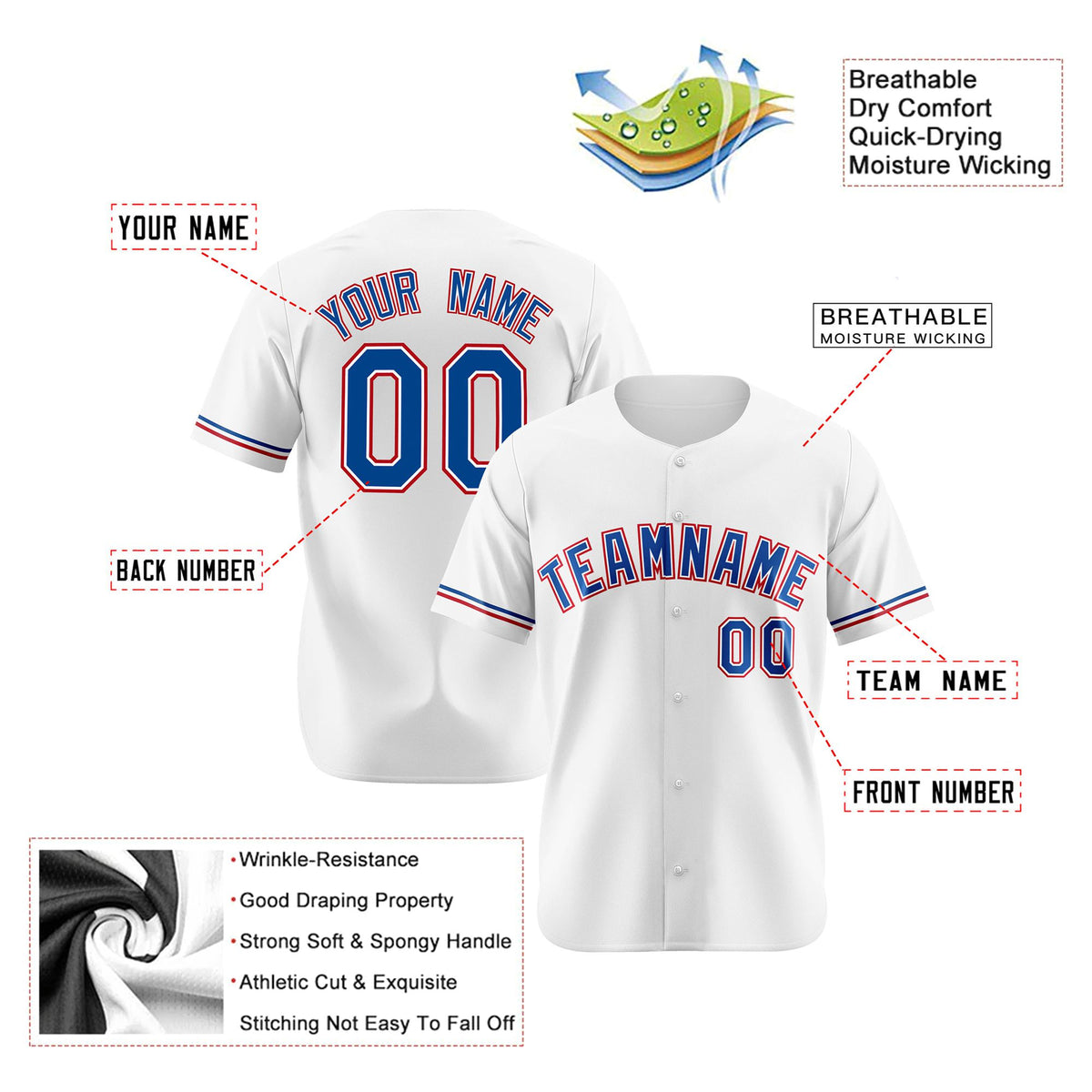 Custom White Blue Red Authentic Baseball Jersey