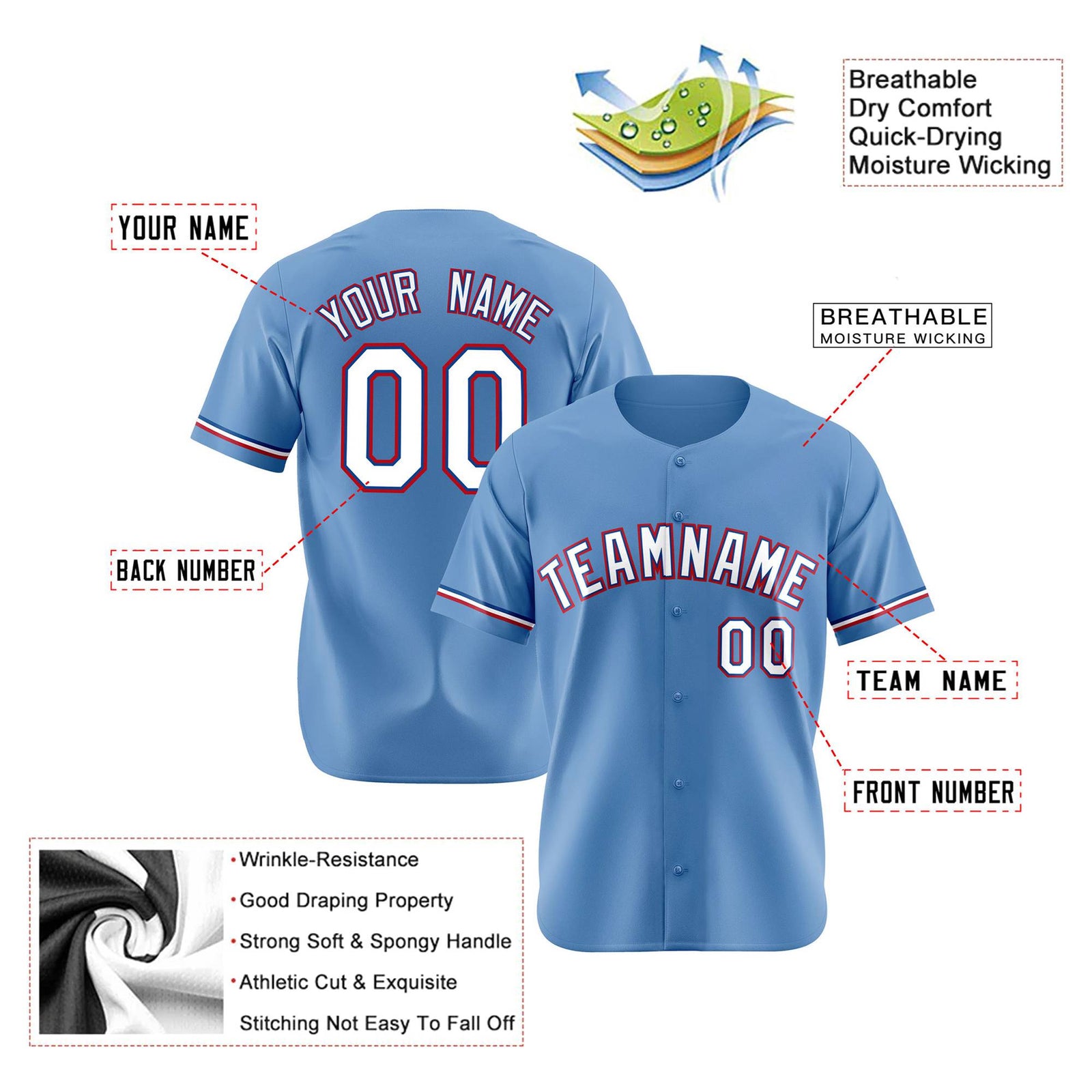 Custom Light Blue White Red Authentic Baseball Jersey
