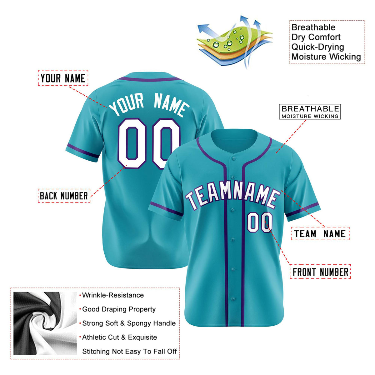 Custom Teal White Purple Authentic Baseball Jersey