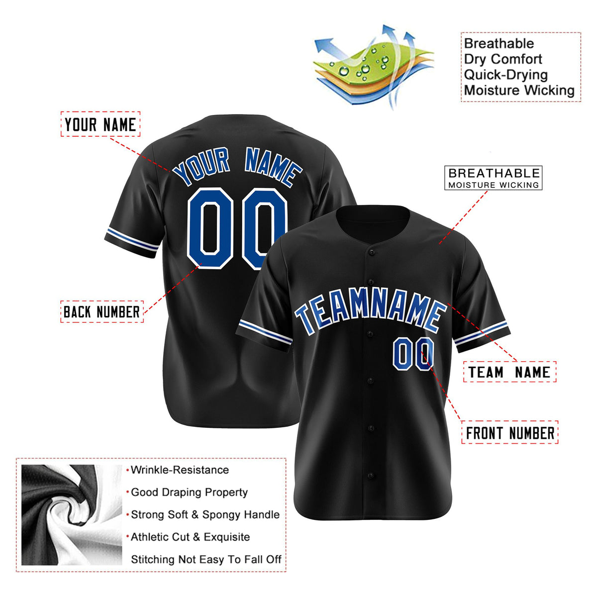 Custom Black Blue White Authentic Baseball Jersey
