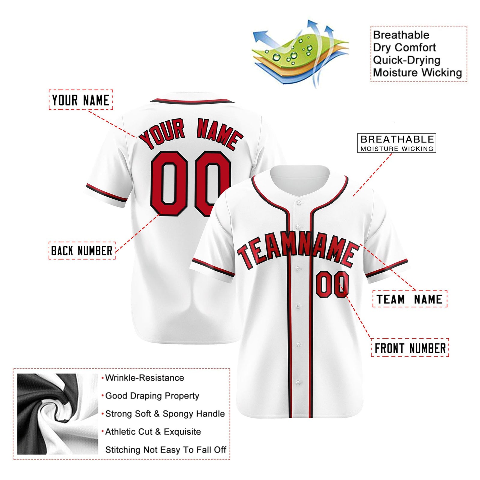 Custom White Red Black Authentic Baseball Jersey