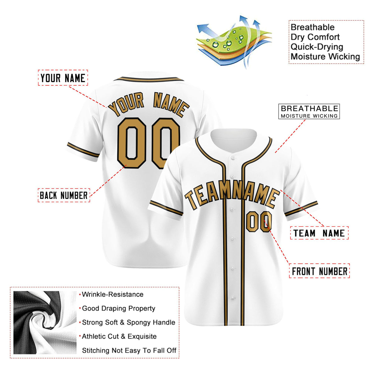 Custom White Old Gold Black Authentic Baseball Jersey
