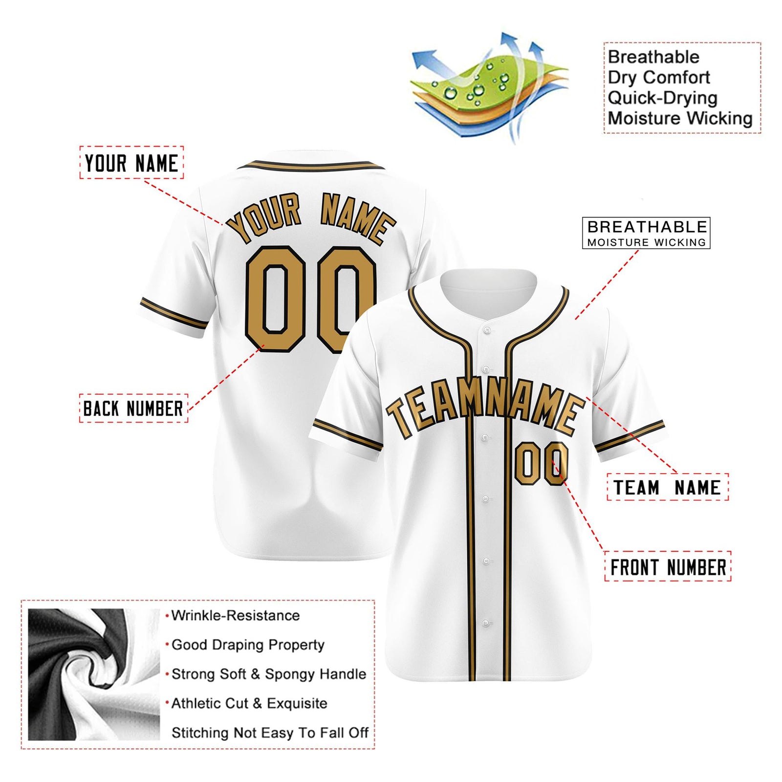 Custom White Old Gold Black Authentic Baseball Jersey