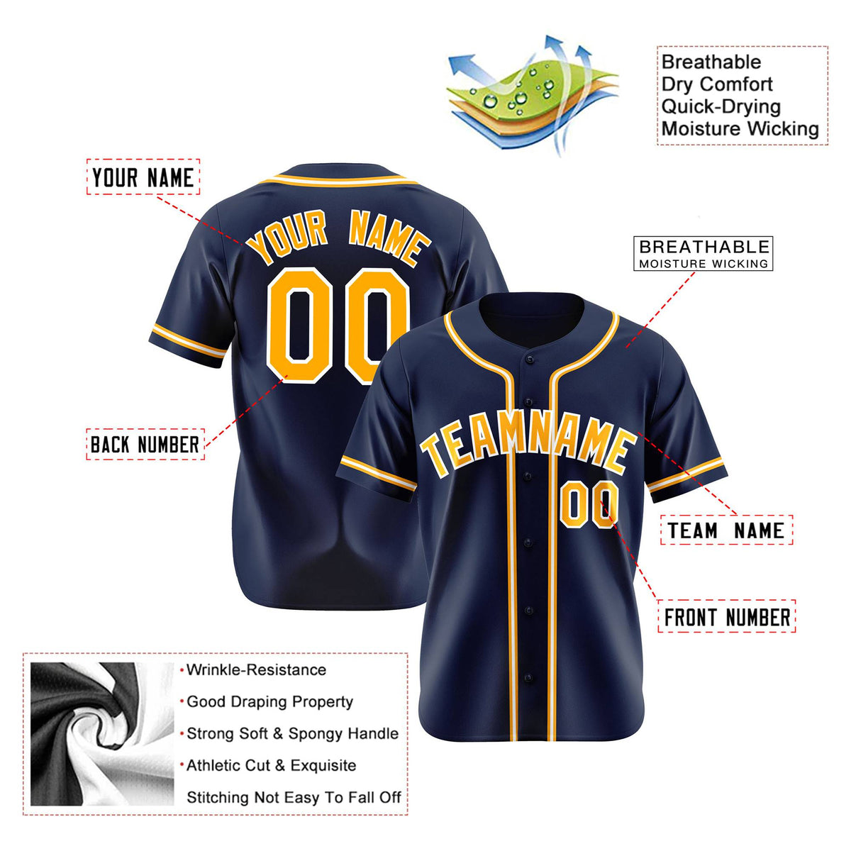 Custom Navy Yellow White Authentic Baseball Jersey
